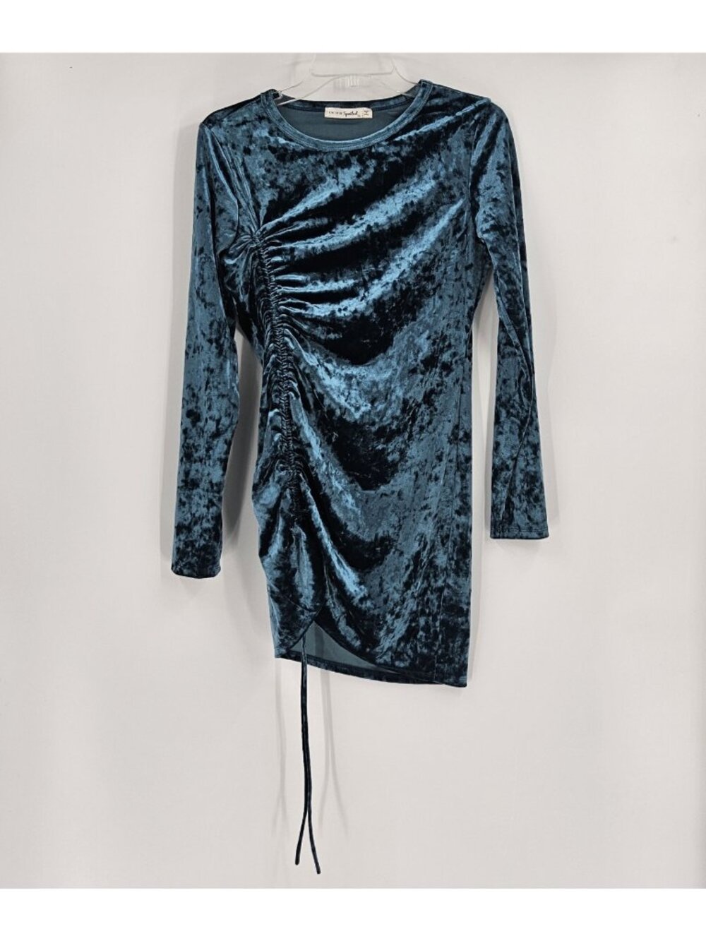 Live to Be Spoiled Crushed Velvet Ruched Mini Dress XL Teal Blue Long Sleeve